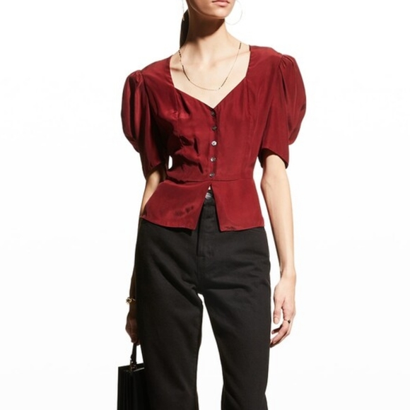 🔴Frame Wine Red Shirred Silk V Neck Short Sleeve Peplum Button Down Blouse Small - Picture 1 of 13